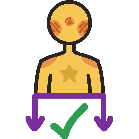 A nondescript yellow person with a star on their chest is positioned above a purple line which has downward-pointing arrows at both ends. Underneath the purple line in between these two arrows is a green checkmark.